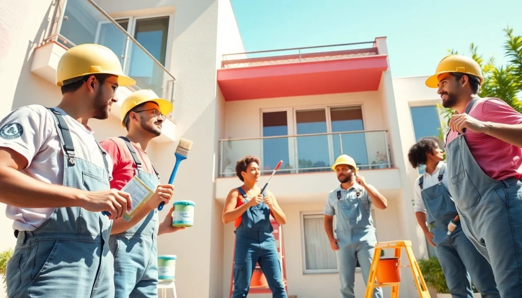 Building painters applying fresh coats of paint on a modern residential facade, showcasing their expertise.