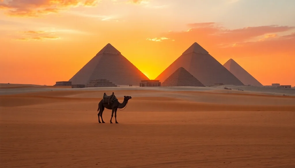 View of piraminds in the warm sunrise, with a camel in the foreground.