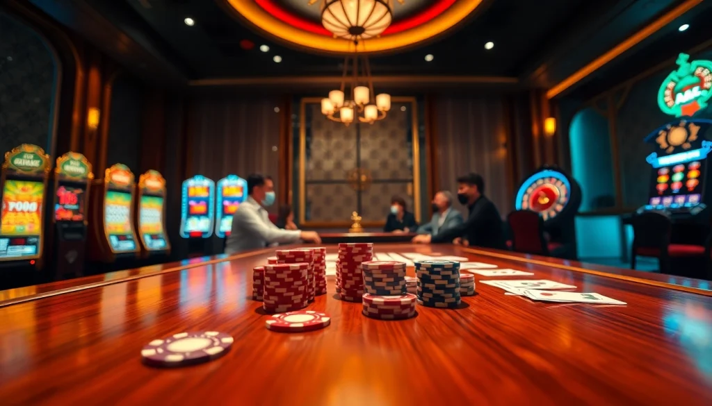 ev88vip players engaging in an exciting poker game at a luxurious casino table with vibrant slot machines and roulette in the background.