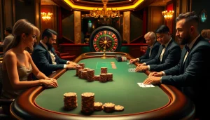 Experience the thrilling atmosphere of Tk88 chính thức with players engaged at a luxurious poker table.