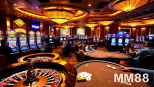 Players enjoying a thrilling game at MM88 casino, with lively slot machines and roulette wheel.
