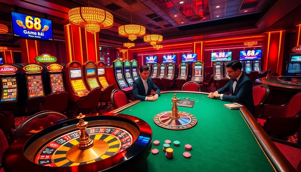 Experience the thrill of 68 Game Bài with vibrant casino elements, poker tables, and betting excitement.