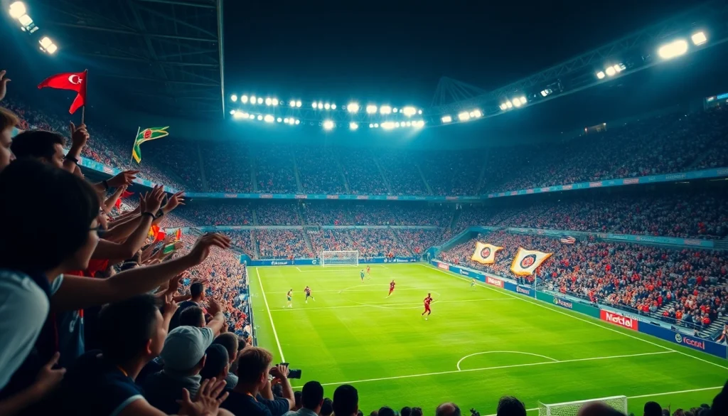 مشهد ديناميكي للمشجعين وهم يهتفون خلال مباراة كرة قدم حية لكورة لايف، يعكس طاقة وحماساً كبيرين.