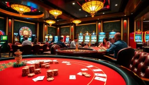 IWIN68 players winning big at a luxurious casino table with poker chips and cards, showcasing excitement.