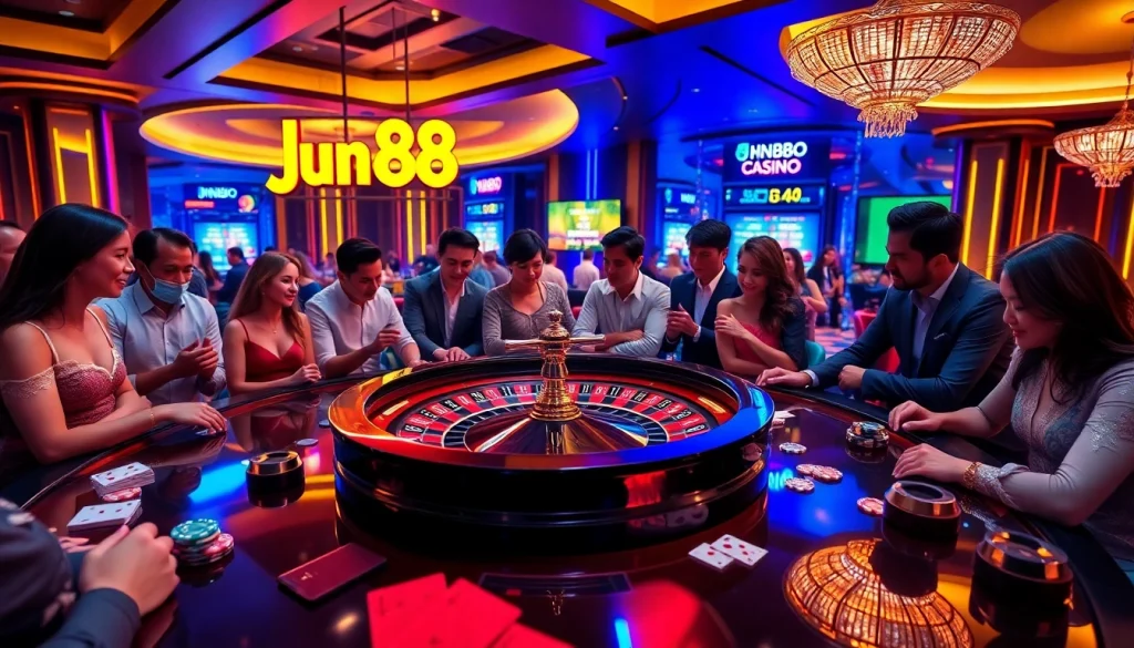 Experience the thrill of jun88 đăng nhập at a vibrant online casino with poker chips and roulette.