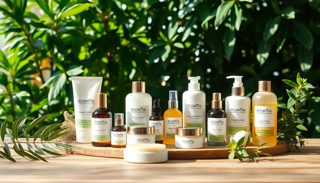 Ekologiska kosmetika produktai ant natūralaus medžio stalo, pabrėžiant jų ekologiškumą.