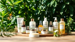 Ekologiska kosmetika produktai ant natūralaus medžio stalo, pabrėžiant jų ekologiškumą.