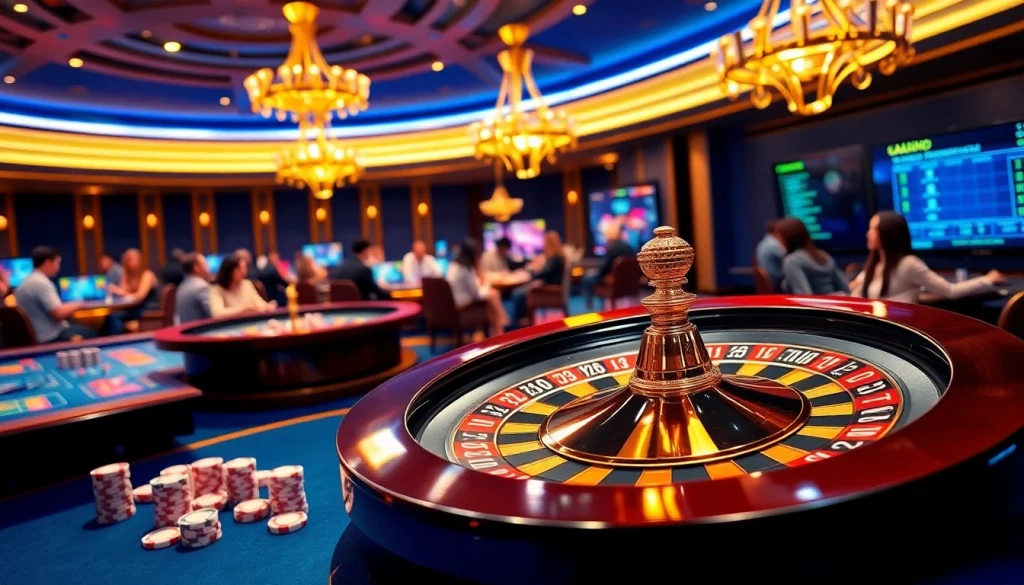 Betting excitement captured at https://luck88com.net/ with a vibrant casino scene featuring roulette and poker.
