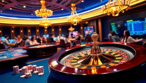 Betting excitement captured at https://luck88com.net/ with a vibrant casino scene featuring roulette and poker.