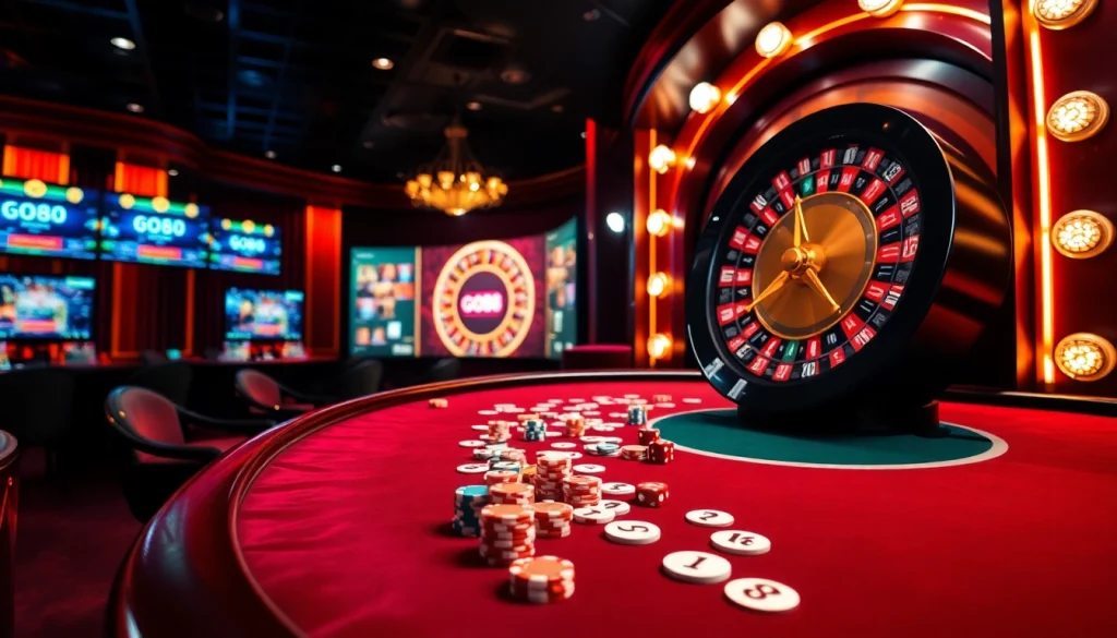 GO88 gaming table with colorful chips and cards, showcasing a luxurious casino atmosphere.