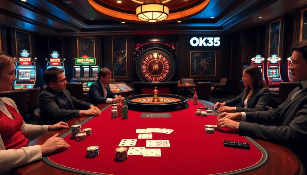 Players enjoying a thrilling game of poker at OK365's luxurious casino table.