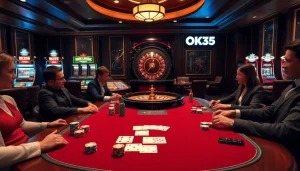 Players enjoying a thrilling game of poker at OK365's luxurious casino table.