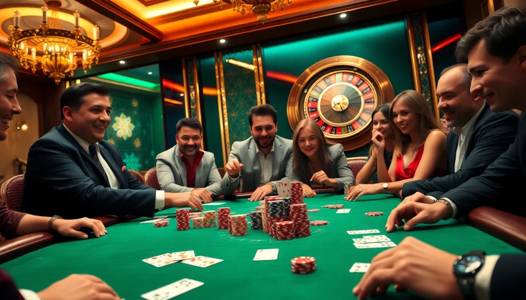 Players enjoying poker at a luxurious casino table, featuring Gk88-themed poker chips and cards.
