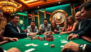Players enjoying poker at a luxurious casino table, featuring Gk88-themed poker chips and cards.