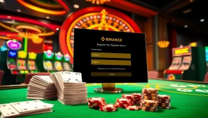 Registering for 바이낸스 회원가입 in a luxurious casino setting, featuring vibrant tables and betting slips.