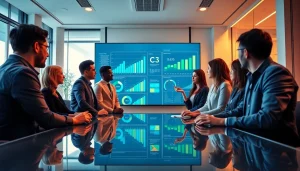 Business growth insights discussed by a diverse team in a modern office setting.