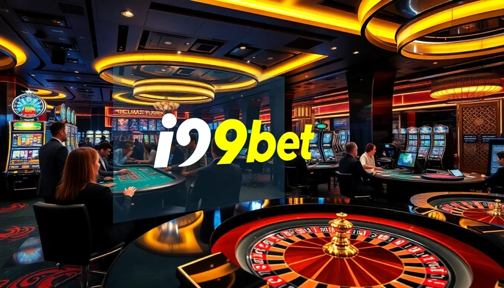 Exciting gambling scene featuring i9bet logo, luxury casino elements like roulette and slot machines.