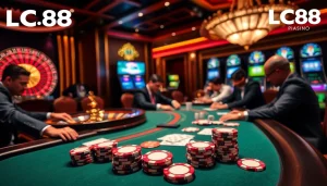 Engaging poker game scene at LC88 casino with vibrant chips and professional players.