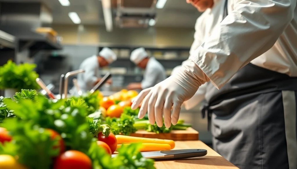 Chef using chemical-resistant nitrile gloves for food preparation in a vibrant kitchen.