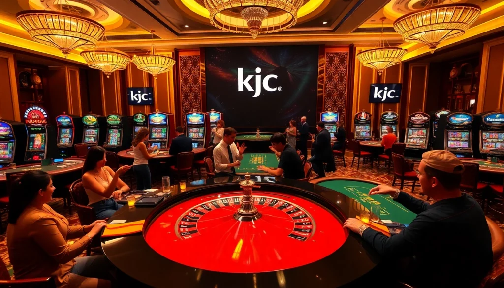 Experience thrilling casino gameplay at KJC with poker tables, chips, and slot machines.