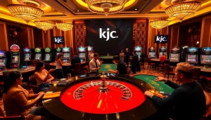 Experience thrilling casino gameplay at KJC with poker tables, chips, and slot machines.