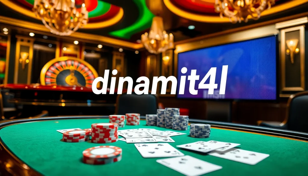 Experience the thrill of gaming with dinamit4d at a glamorous casino poker table filled with vibrant chips and cards.