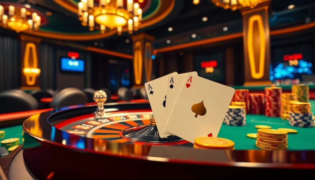 Gk88 casino scene showcasing vibrant gaming action with poker chips, cards, and roulette table.