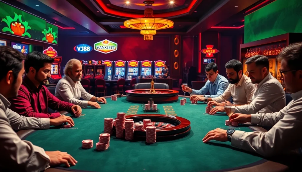 Experience high-stakes excitement at VJ88 casino featuring poker chips and a roulette wheel.