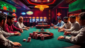 Experience high-stakes excitement at VJ88 casino featuring poker chips and a roulette wheel.