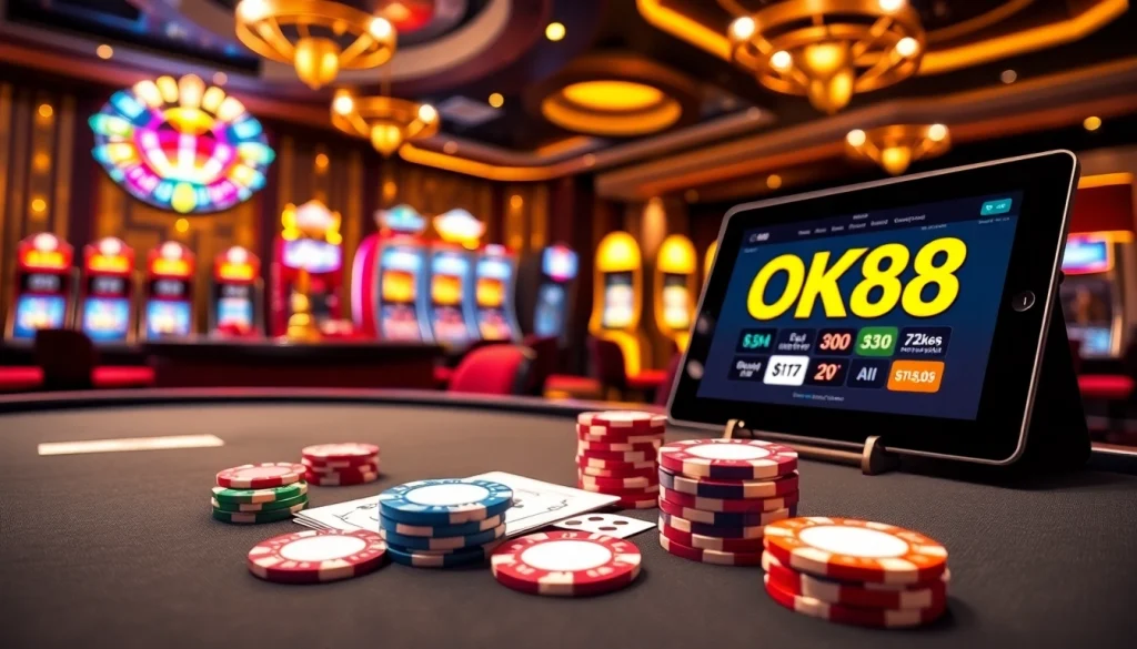 Experience thrilling gameplay at OK88 with poker chips and slot machines in a luxurious casino setting.