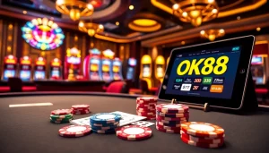 Experience thrilling gameplay at OK88 with poker chips and slot machines in a luxurious casino setting.