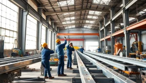 Enhance structural steel fabrication efficiency in a bustling workshop with skilled workers.