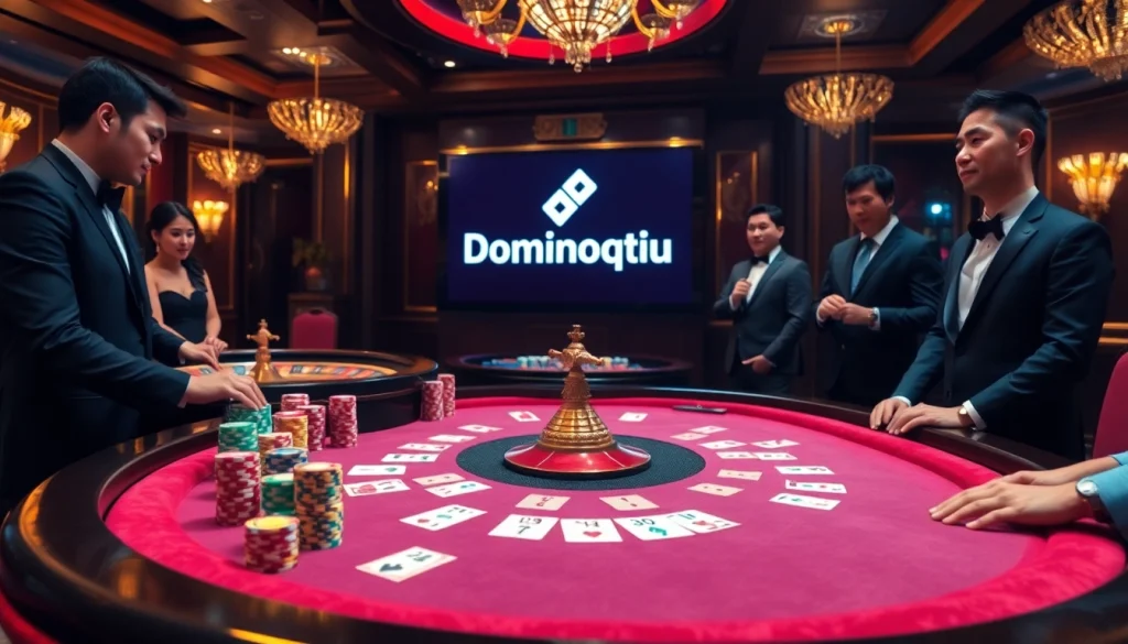 Players engaging in high-stakes games at Dominoqiu, emphasizing luxury and excitement in gambling.