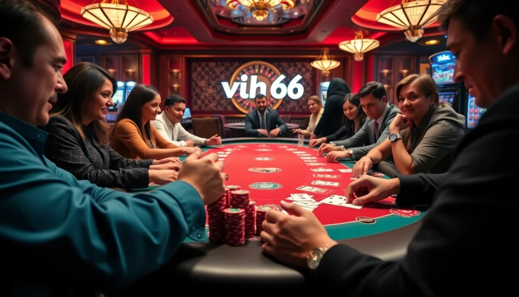Action-packed casino scene showcasing a poker game with the link vip66 highlighted above high-stakes poker chips.