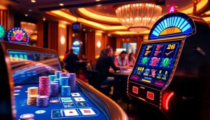 Exciting scene of idnslot game action with vibrant poker chips and cards at a casino table.