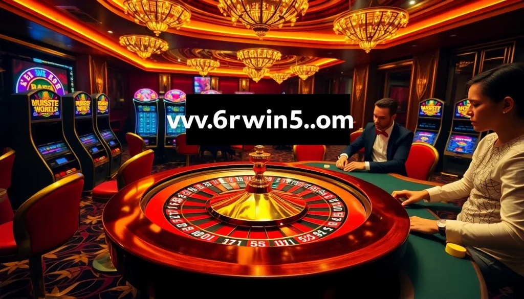 A vibrant casino scene showcasing the excitement of gambling at 6Rwin5.com with roulette, poker, and slot machines.