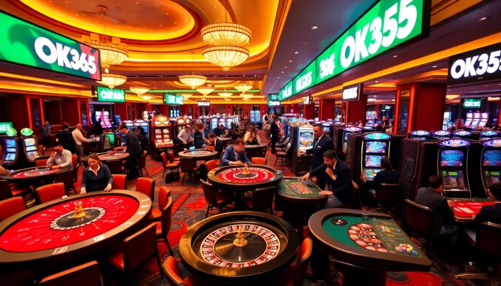 Players enjoying high-stakes gambling at OK365 casino, featuring roulette, poker, and slot machines.