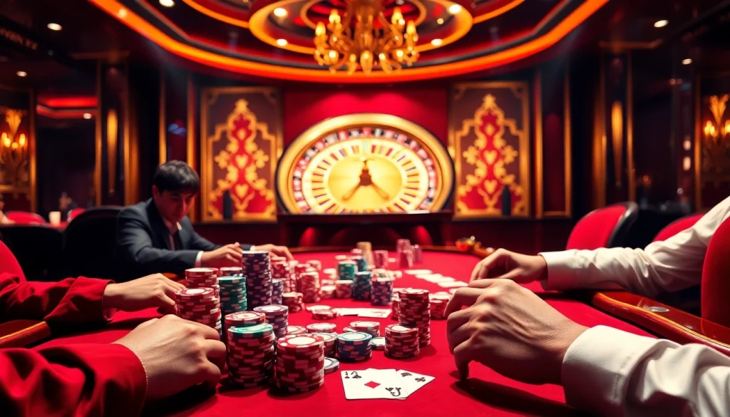 Experience the excitement of Trang chủ 32win with an engaging casino scene featuring poker chips and illuminating roulette.