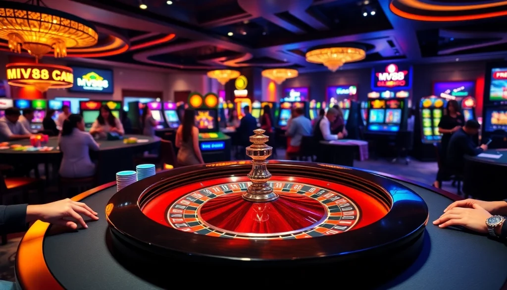 Players enjoy thrilling casino games, including MV88 branded slots and roulette action.