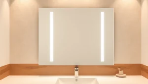Type of mirror and led lights enhancing a modern bathroom's ambiance.