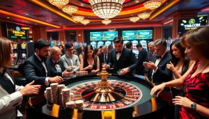 Experience the excitement of TR88.com at a luxurious casino with active roulette players and vibrant slots.