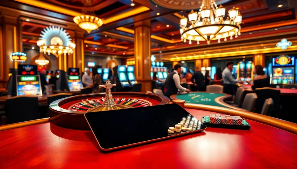 Exciting casino scene featuring a roulette wheel and poker tables, emphasizing link S8 gaming.