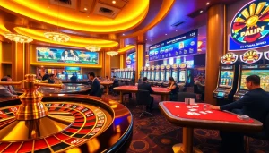 Experience thrilling gaming at vmax game with poker tables and vibrant slot machines in a luxury casino.