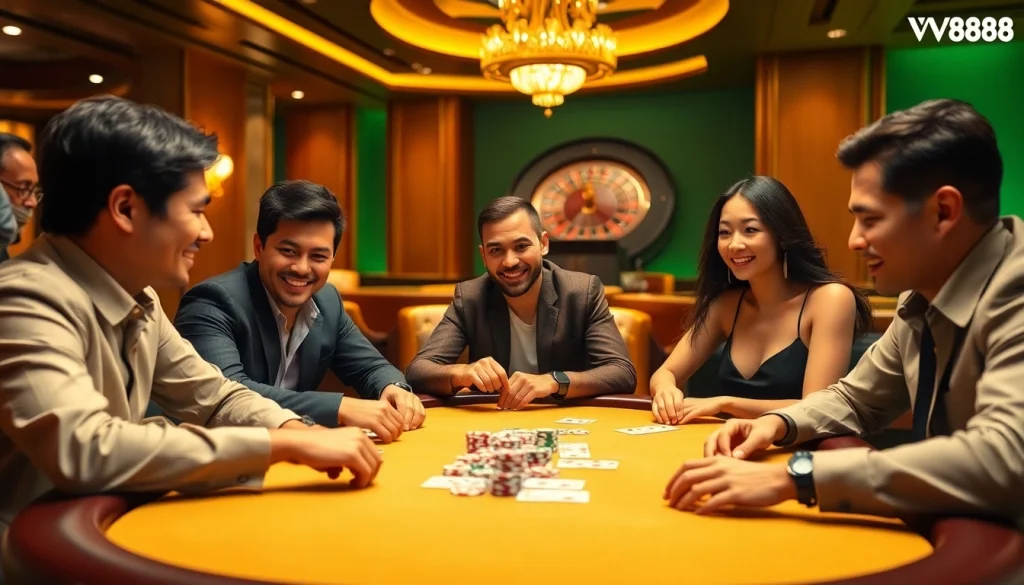 Experience the excitement of vn88 with players intensively engaging at a lavish casino poker table.