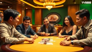 Experience the excitement of vn88 with players intensively engaging at a lavish casino poker table.