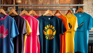 Marškinėliai su spauda rodomi ryškiomis spalvomis ir dizainais, pabrėždami individualizavimą.