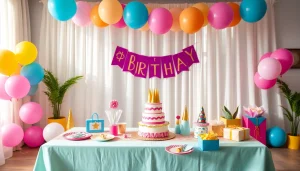 Decorative setup showcasing a customizable birthday party with vibrant colors and personalized elements.