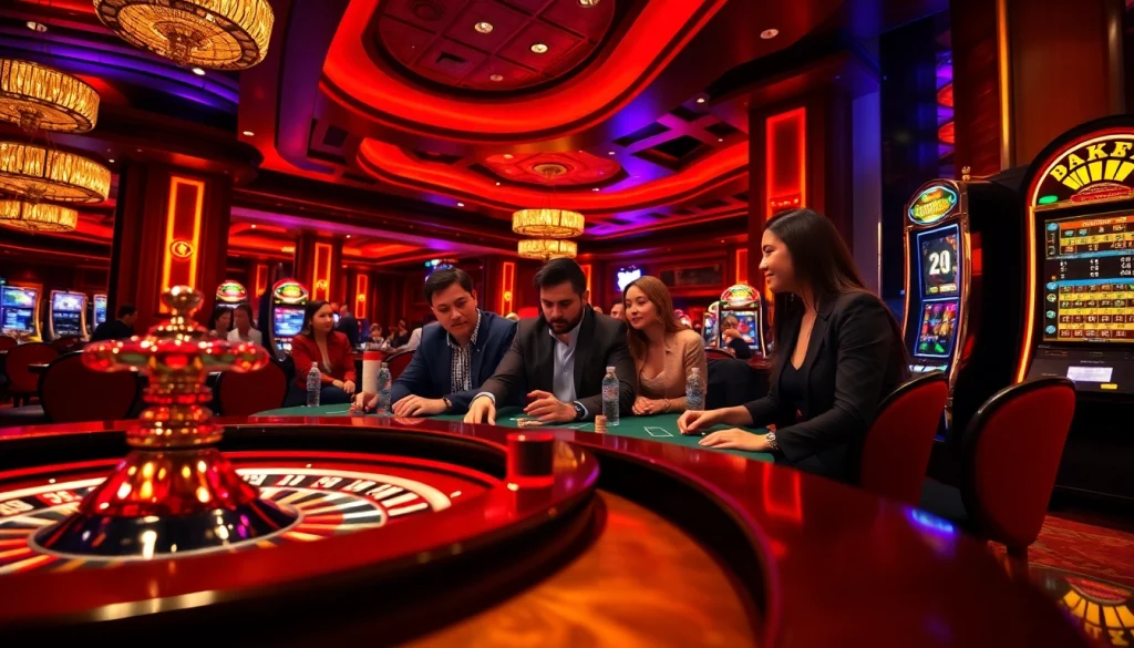 Players enjoying casino games at a luxurious venue, featuring hidden wiki elements subtly in the background.