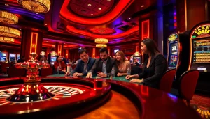 Players enjoying casino games at a luxurious venue, featuring hidden wiki elements subtly in the background.