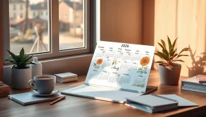 2026 calendar with vibrant monthly designs and stylish stationery on a warm desk